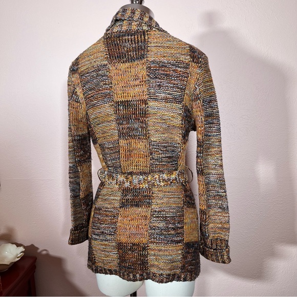 Vintage 60 70 Mod Patchwork Plaid Brown Burnt Orange Tie waist Cardigan Sweater - Picture 4 of 16